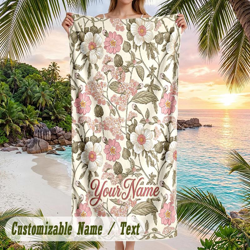Floral Elegance Frame 1 Theme Quick Dry Beach Towel Custom Name Text Print Large Sand Resistant Towel Beach Vacation