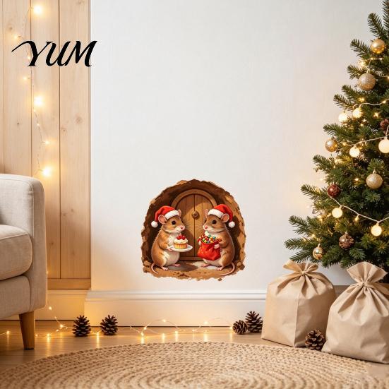 Santa Hat Mouse Decor 3D Hole Wall Sticker for Christmas Decoration, Realistic Decal, Waterproof PVC Stickers Art Home Window Bathroom Glass