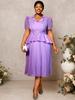 Lavender Elegant Women Pleated Midi Dress with Sashes Turn-Down Collar Beading Knee-Length A Line for Party Formal Gathering