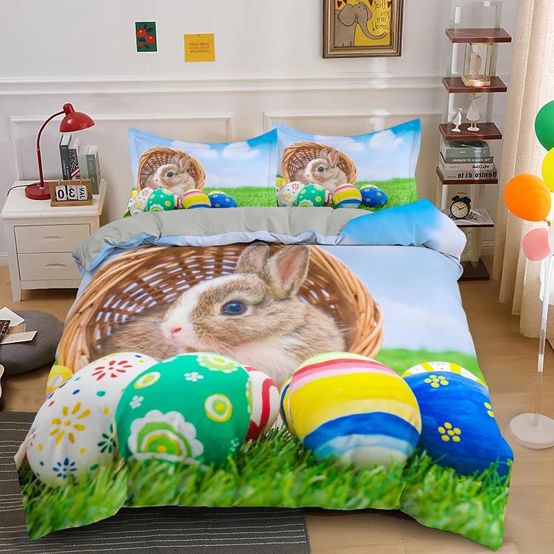 Happy Easter Egg Rabbit King Queen Duvet Cover Cartoon Lovely Bunny Bedding Set Pet Animal Comforter Cover Polyester Quilt Cover