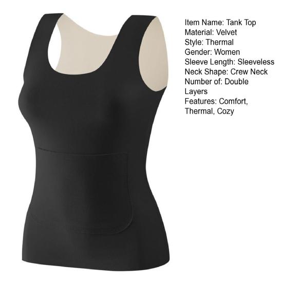 Women Thermal Tank Top Square Neck Sleeveless Warm Camisole Top with Front And Back Pockets Winter Double Layer Basic Undershirts