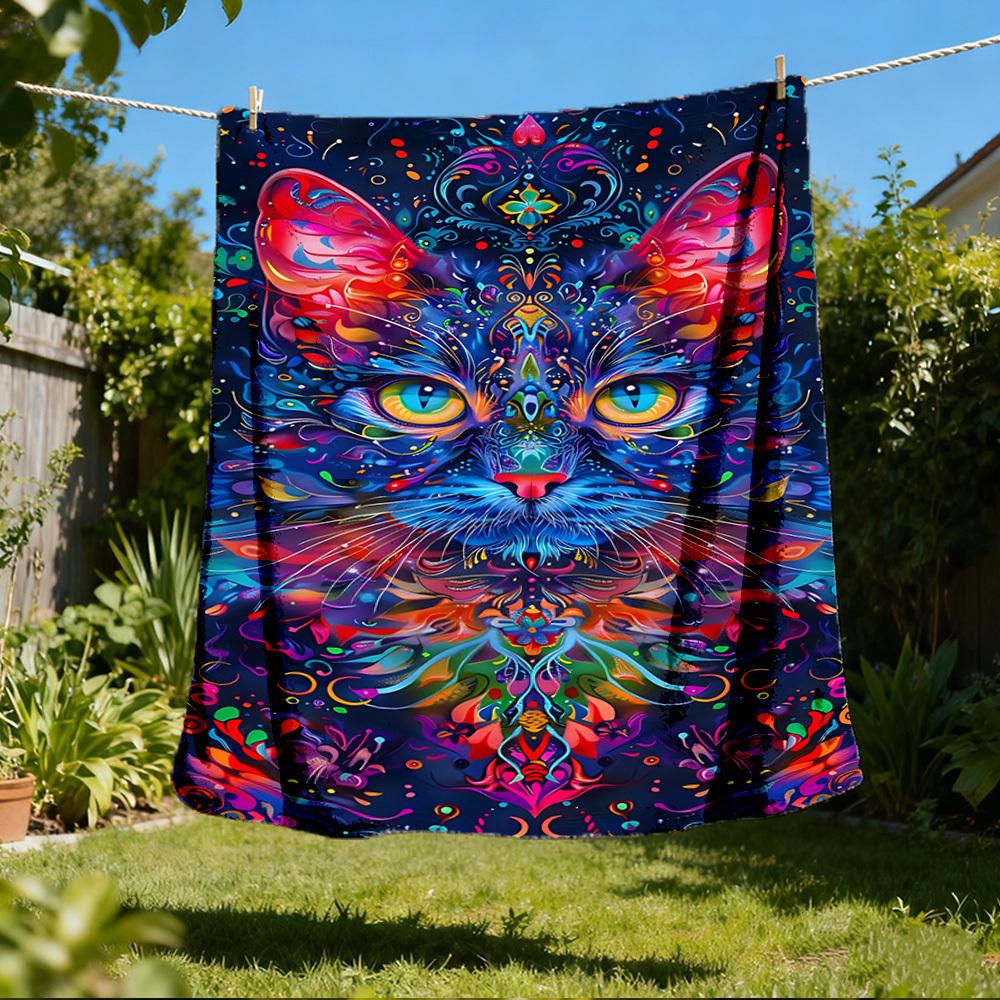 1pc Psychedelic Cat Print Throw Blanket Polyester Fiber, Lightweight Flannel, Soft & Warm, All Season Use for Outdoor, Camping Digital Print