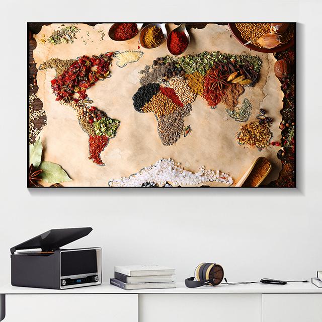 Grains Spices World Map Kitchen Canvas Painting Abstract Still Life Posters and Prints Pictures Living Room Home Decor No Frame