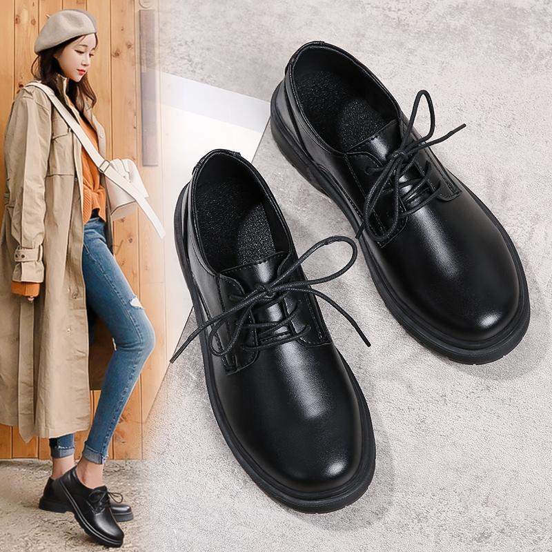 Spring British Style Student Girl Leather Shoes Full Black Office Business Lace Up Women Oxford