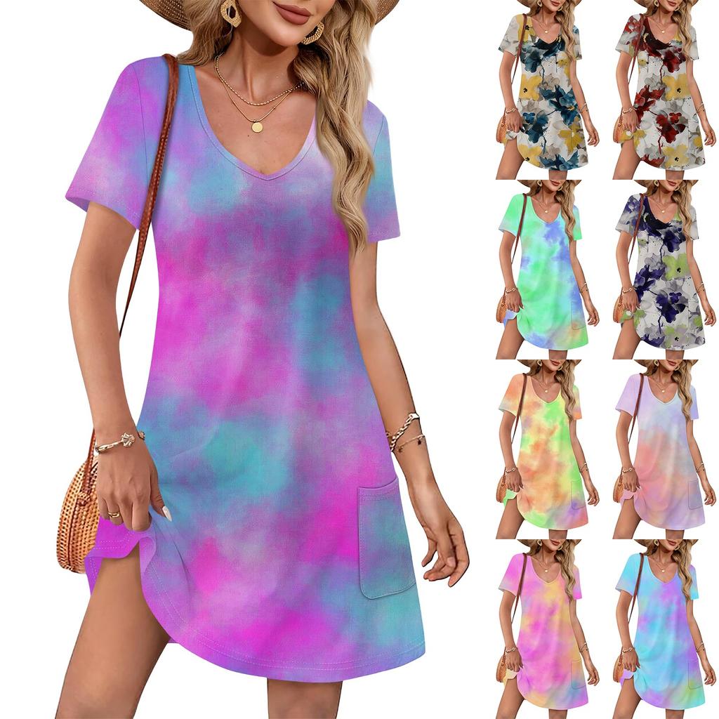 Summer Dresses For Women Loose V Neck Short Sleeve Casual T Shirt Dress Sundresses Swimsuit Coverup With Pockets