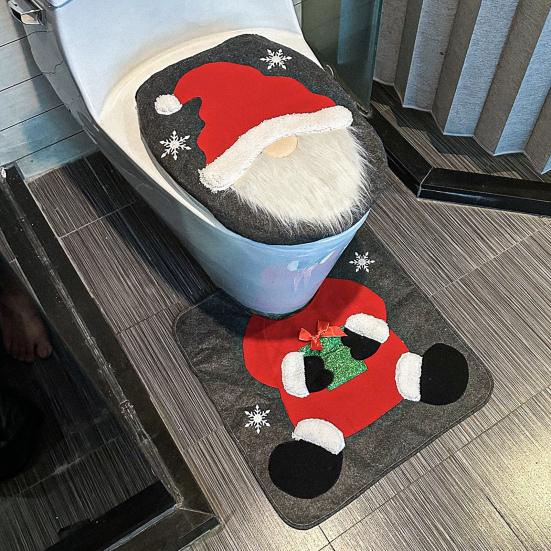 Yousheng Santa Toilet Seat Cover 2-Piece Christmas Bathroom Set Santa Claus Toilet Seat Cover And Mat Set for New Year Indoor Bathroom Decor