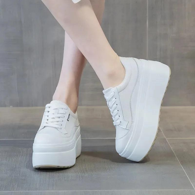 Мода 8см Новые Холщовые Натуральная Кожа Женские Розовые Модные Кроссовки Платформа Обувь Клиновидный Скрытый Каблук Женские Летние Смешанный Цвет Вулканизированные