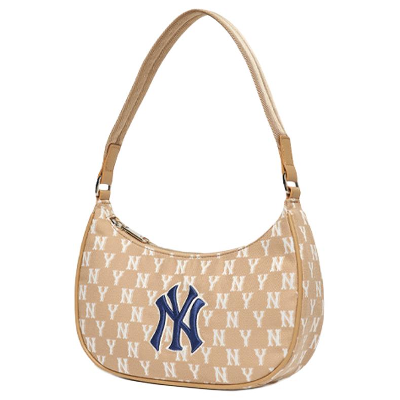MLB Monogram Series Vintage Floral Print NY Yankees Underarm Bag Mahjong Bag Women Shoulder Bag Cream-Latte 3ABQS012N-50BGD