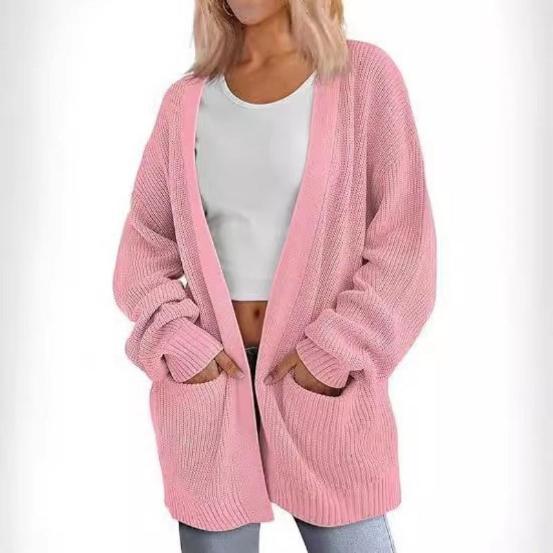 Autumn Winter Loose Casual Cardigan Pocket Sweater Ladies Solid Color Knitting All-match Outwear Female Top