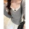 Lace Patchwork Long Sleeve T-Shirt For Woman Bow V-Neck Slim Gray Cotton Tee Shirts Autumn Casual Sweet Cute Harajuku Y2k Tops