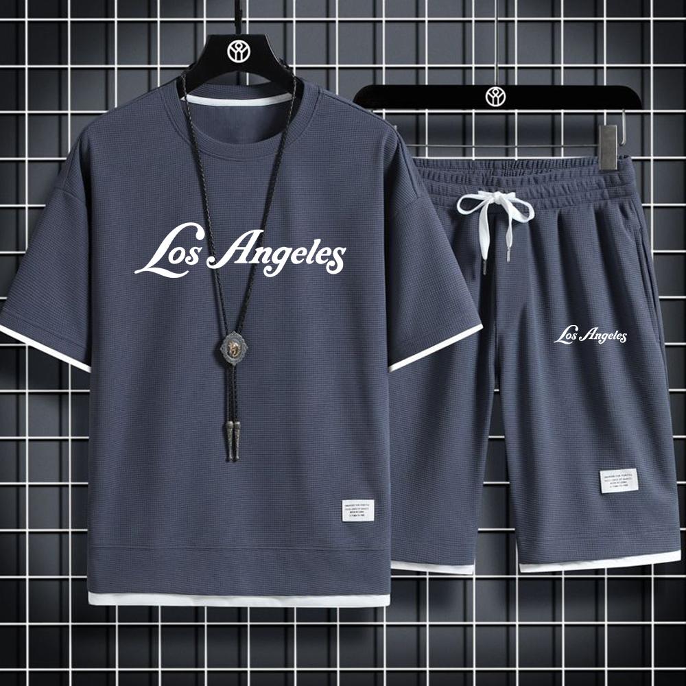 Футболка и спортивные шорты Los Angeles, спортивный комплект, мужской летний костюм, мужской летний костюм, простой и повседневный вафельный короткий рукав