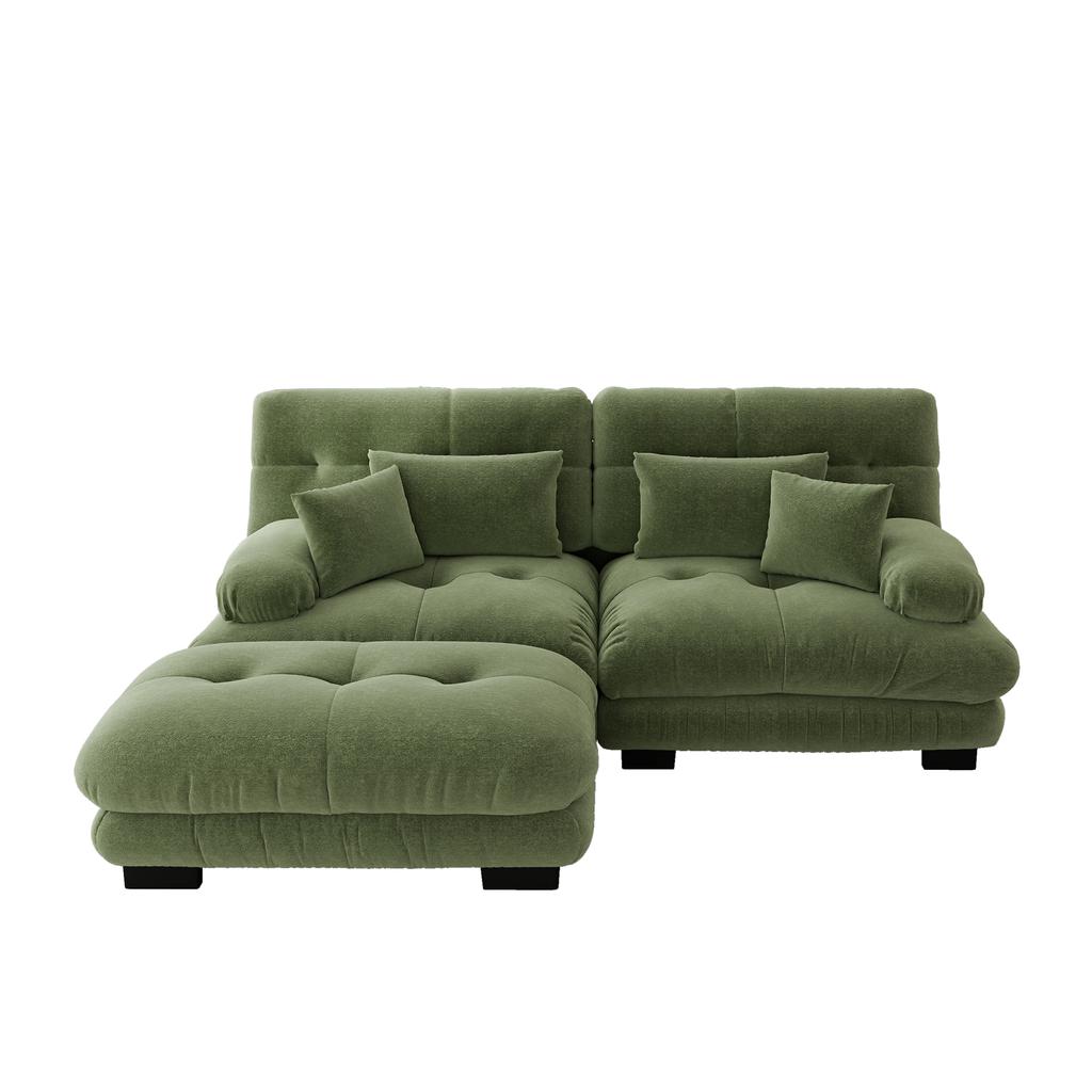 Cloud corner sofa for living room, chenille double sofa with 2 lumbar cushions and 2 decorative cushions, wide armrests and ottoman, Chenille Green