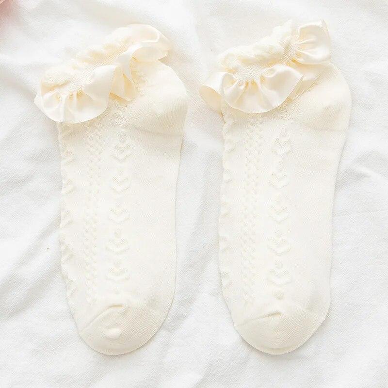 Женские носки в стиле Лолита в японском стиле Kawaii, милые короткие носки в стиле Харадзюку с рюшами и рюшами, белые, черные, сетчатые, кружевные для девочек