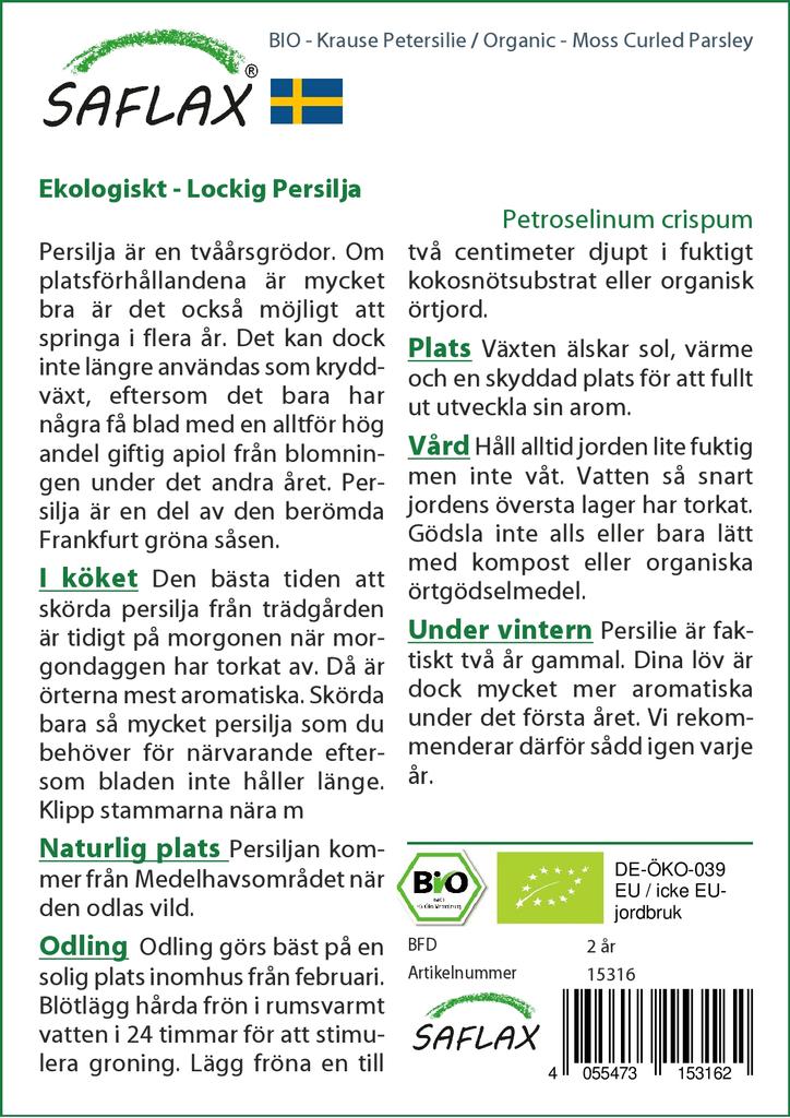 SAFLAX Garden in the Bag - Органический - Петрушка, скрученная мхом - 800 семян - С субстратом в подходящем стоячем пакете - Petroselinum Crispum