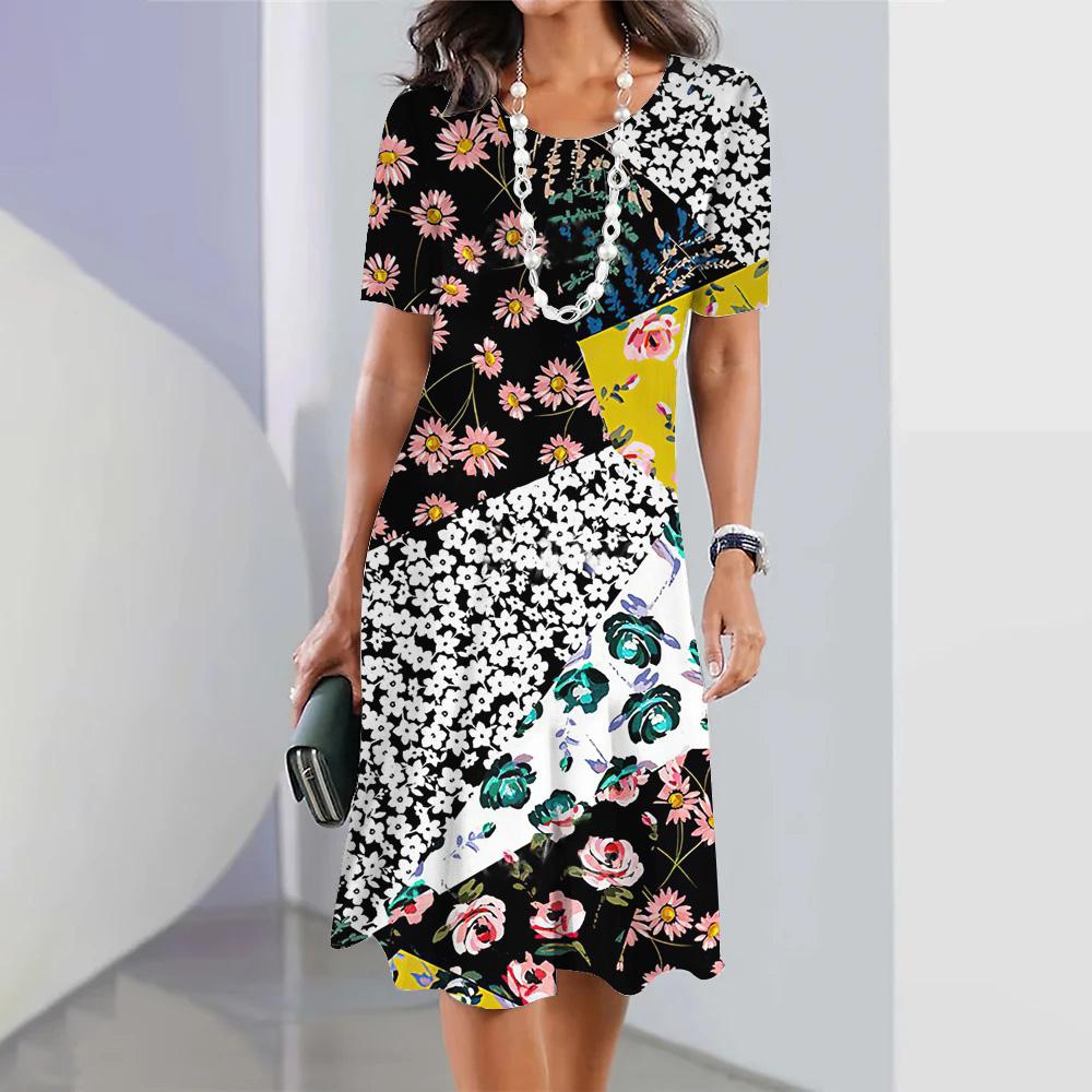 Женское модное платье с цветочным принтом, летнее ретро-платье с круглым вырезом, повседневное платье А-силуэта, свободное женское платье с коротким рукавом