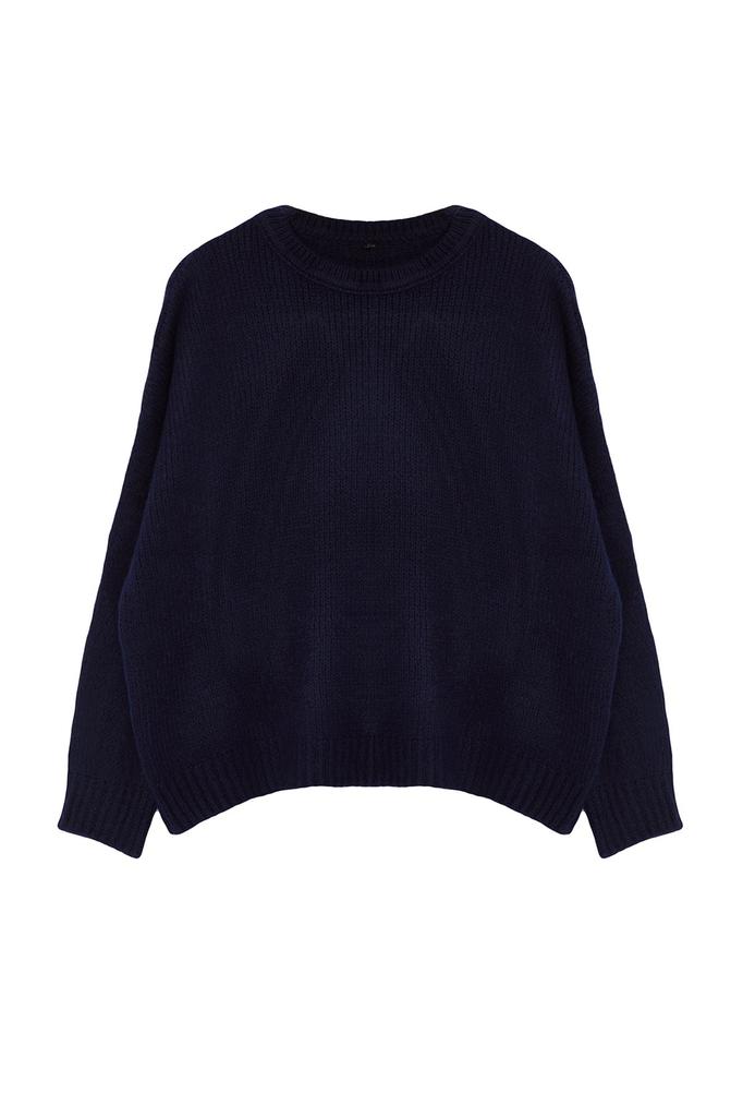 Women's Fashion Stylish Plus Size Sweater Navy Blue Crew Neck Soft Textured Knitwear Sweater