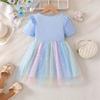 Girls Star Tulle Dress,Rainbow Dumpling Print, Cute Princess Party Dress with Bow, Short Sleeve Summer Dress for Little Girls