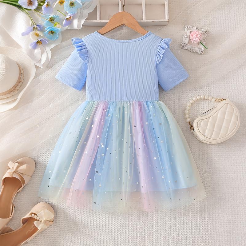 Girls Star Tulle Dress,Rainbow Dumpling Print, Cute Princess Party Dress with Bow, Short Sleeve Summer Dress for Little Girls