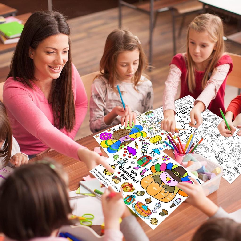 Thanksgiving Coloring Placemats 16PCS 14''x11'' Fall Thanksgiving Placemats for Kids to Color Thanks Giving Paper Table Mats Disposable Place Mats