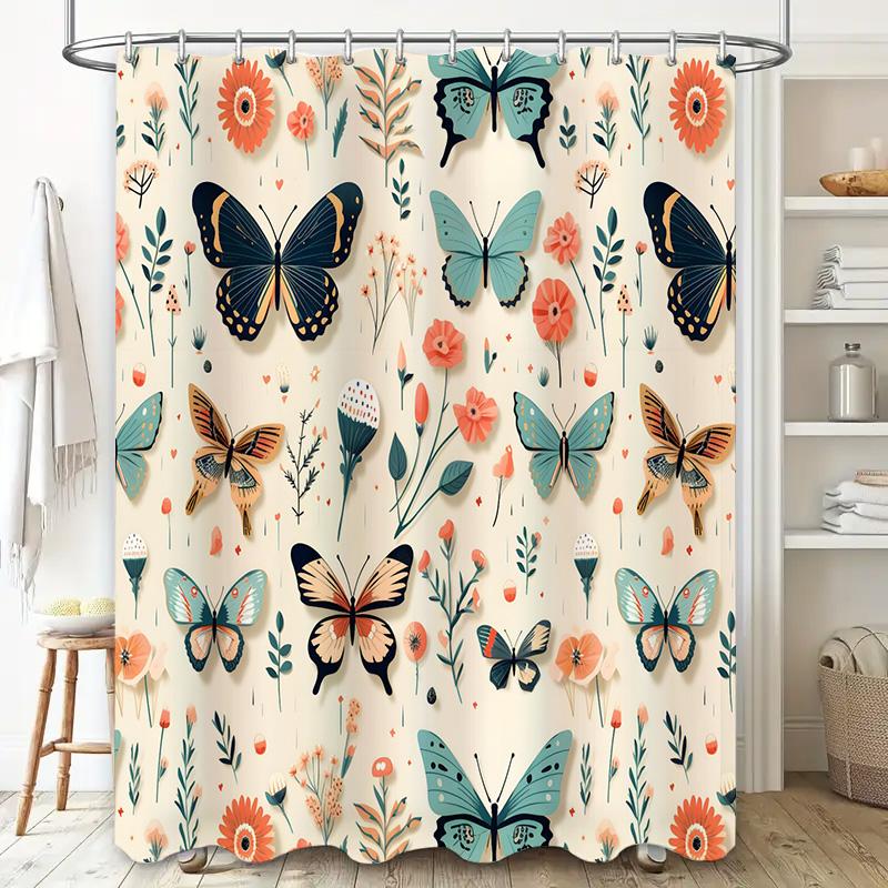 Butterfly Bliss: Vibrant Floral and Butterfly Shower Curtain for a Charming and Nature-Inspired Bathroom Décor