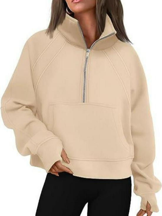 Women's Half-Zip Stand Collar Velvet Hoodie Jacket - Autumn/Winter Collection