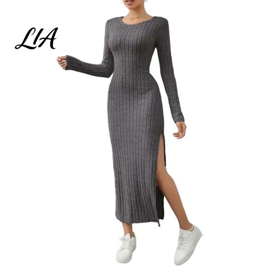 Round Neck Dress Women Knitted Dress, Long Sleeve Pullover Sweater Winter Wear Solid Color Stretchy Split Bodycon for Autumn