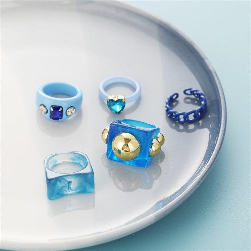 Ins Aesthetic, 5 шт./компл., синий цвет, тема, гипербола, толстые акриловые кольца из смолы, набор для женщин, девчачьи модные кольца для вечеринок «сделай сам», ювелирные изделия