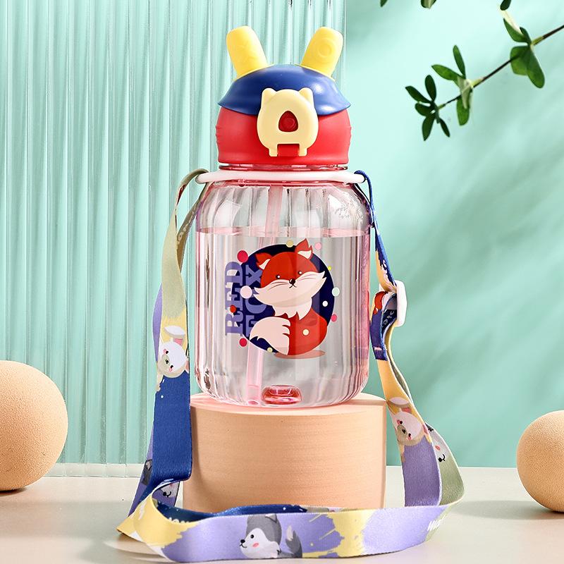 Water bottle Cartoon children's water cup High temperature resistant PC plastic cup Straw cup Kindergarten baby strap cup Primary school kettle