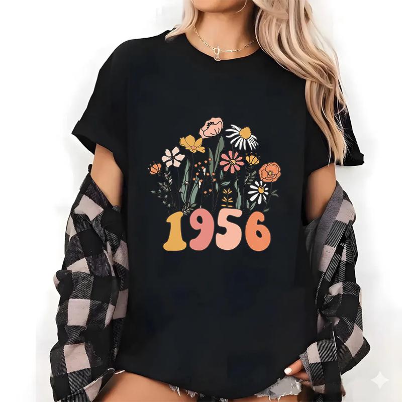 Flower Pattern Pure Cotton Printed Unisexs and Womens Personalized Loose Short Sleeved New Fashionable Round Neck Tshirt