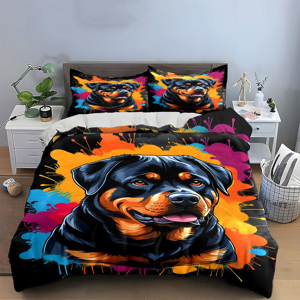 3Pcs Graffiti Rottweiler Bedding Set, Bold Black and Tan Dog Print with Splashes Duvet Cover + 2 Pillowcases, Dog Lover Decor