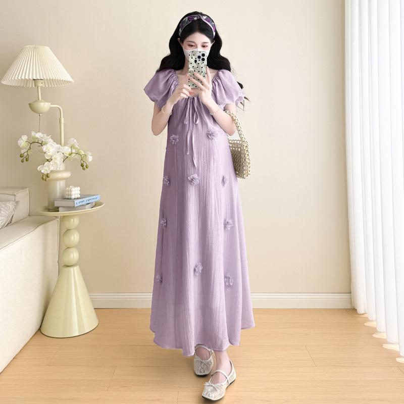 2026 Summer Korean Style Puff Sleeve Knee-Length Maternity Dress