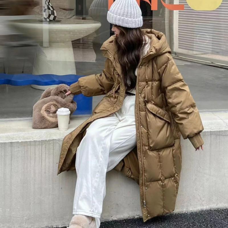 Womens Mid-Length Hooded Down Coat Oversized Pockets Thick Warm Winter Jacket With Horn Buttons