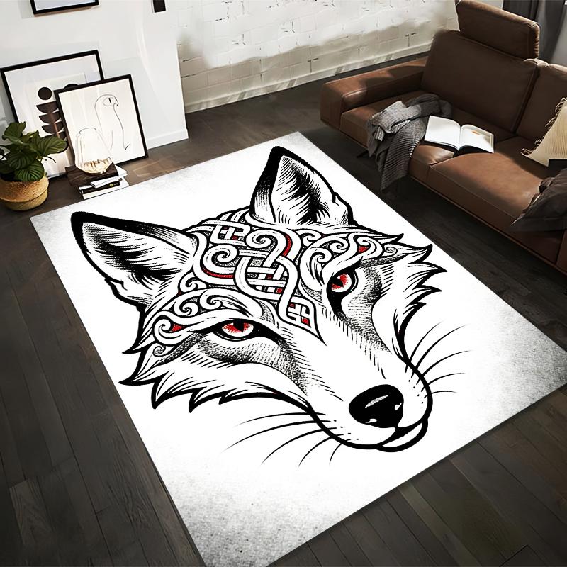 Wolf Head Carpet with Red Eyes and Intricate Tribal Design, Nordic Style Suitable for use as an anti-slip for living room bedroom sofas
