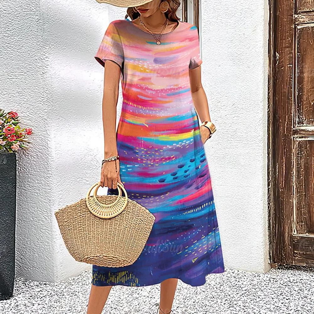 Летние платья с короткими рукавами, стильная женская одежда с контрастными цветами, длинное платье с принтом 3D Tie-Dye, женская одежда, свободный свитер с круглым вырезом