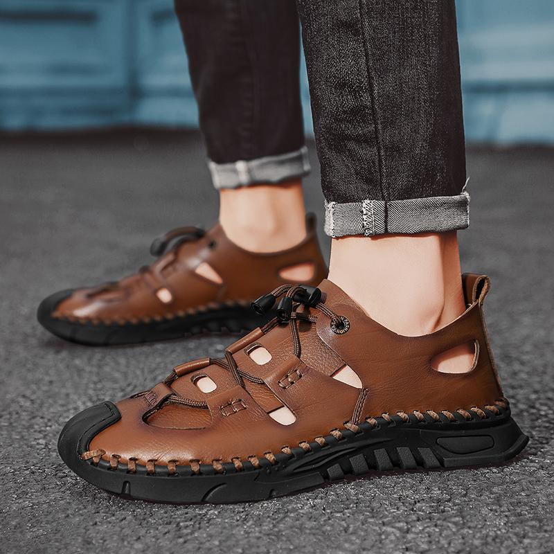 Модные мужские сандалии, пляжные лоферы, обувь для рыбалки и кемпинга, нескользящие сандалии на плоской подошве, мужская кожаная повседневная обувь, легкие трендовые сандалии