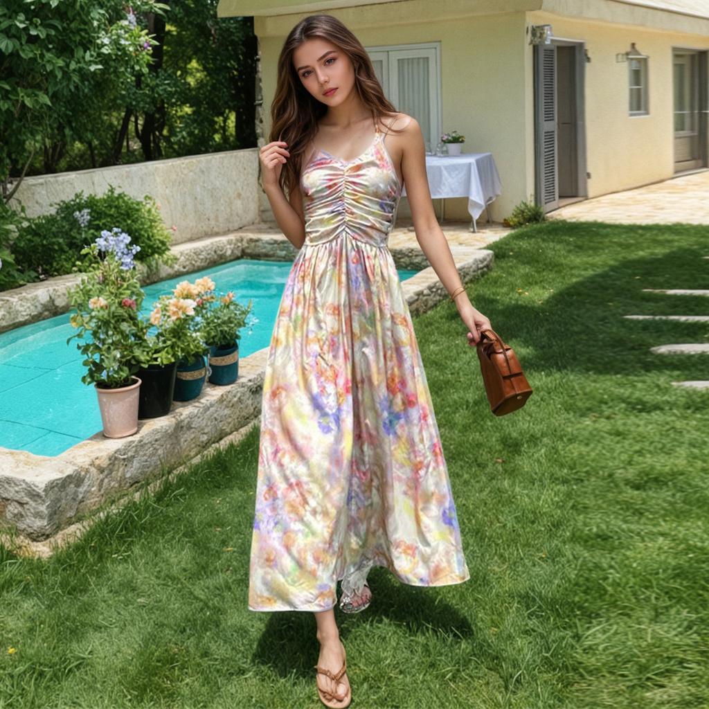 Женское летнее винтажное платье с принтом масляной живописи в праздничном стиле с лямкой на талии и лямкой на шее