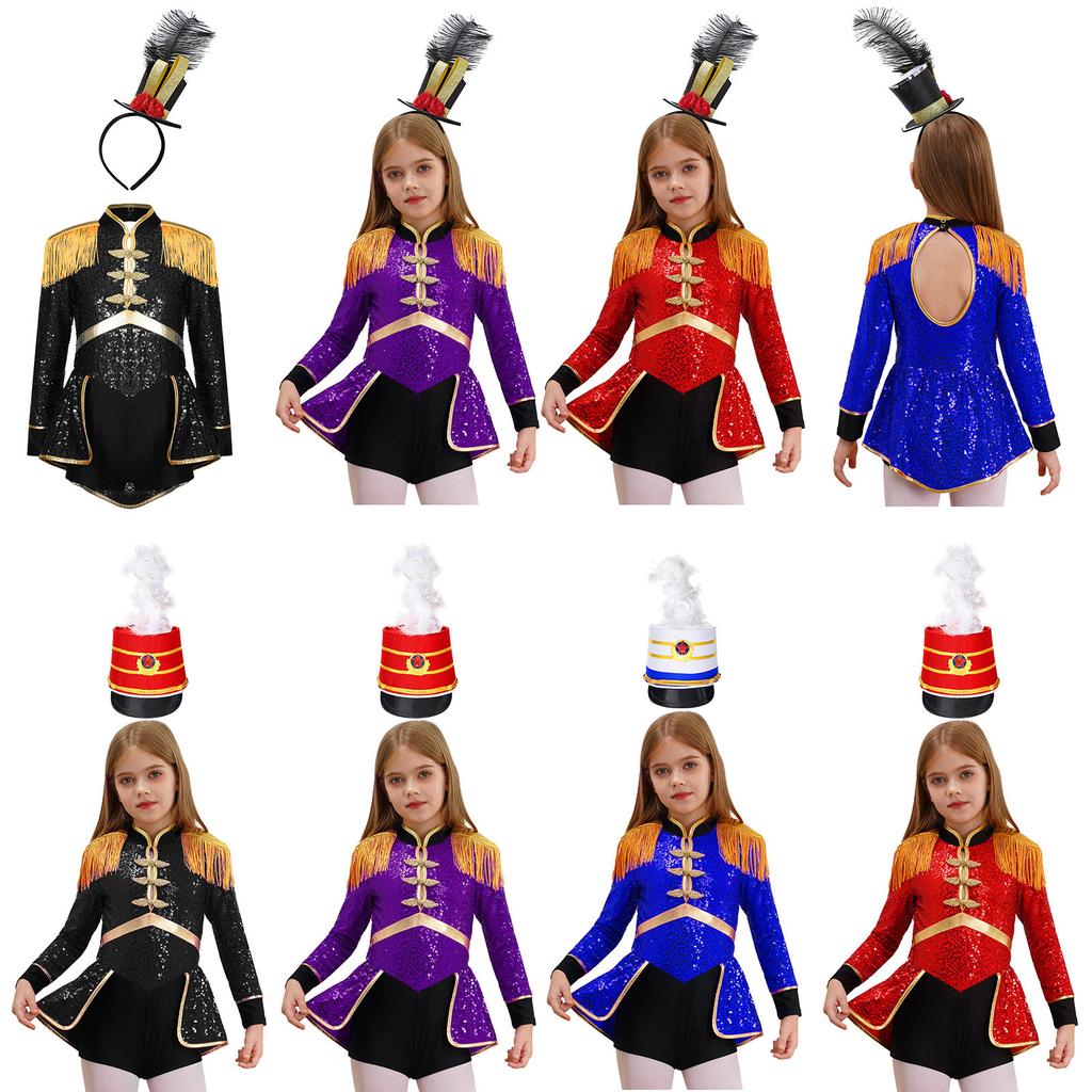 Girls Circus Drummer Costume Long Sleeve Sequined Bodysuit Fringe Epaulet Shoulder Mini Top Hat Accessory