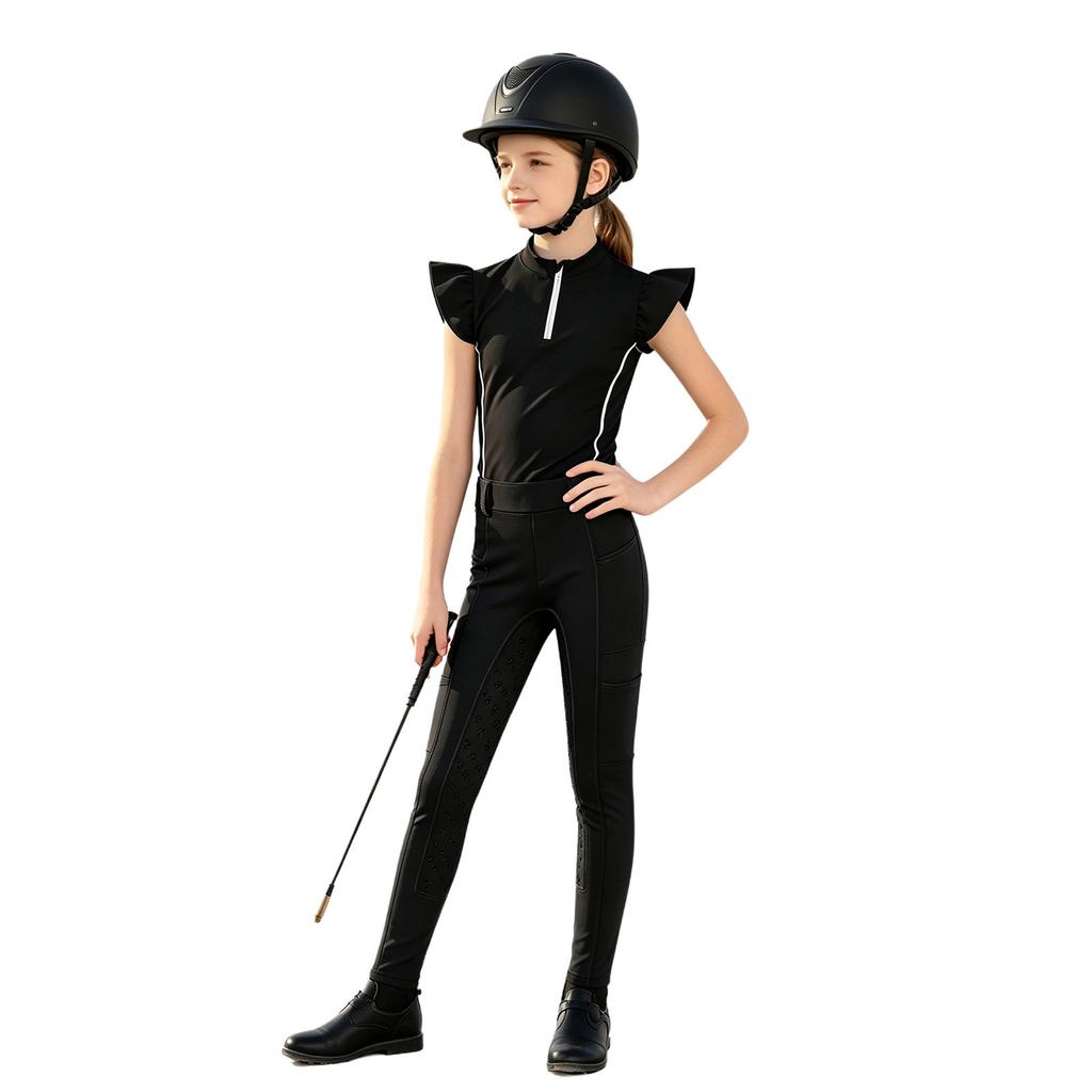 Girls Equestrian Riding Zip Up Stand Collar Ruffled Sleeves Contrast Trim Top Anti Slip Full Seat Breeches Outfit