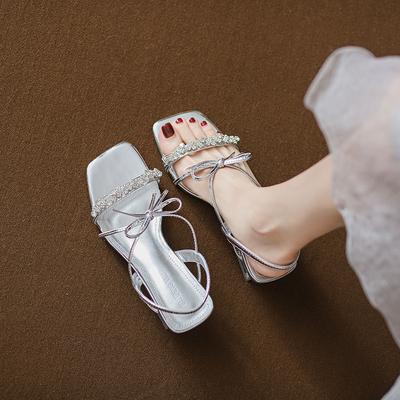 Туфли женские 2025 новые летние сандалии бант темперамент серебристые высокие каблуки супер высокий каблук