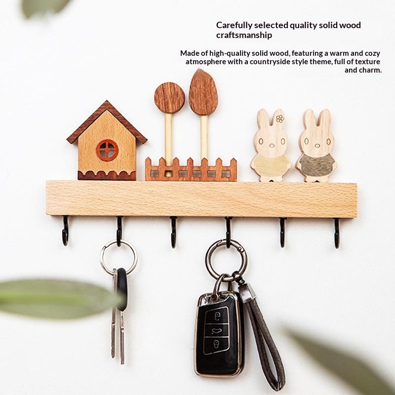 Modern Solid Wood Key Hook Rack Punch Free Wall Mount Holds Keys Coats Bags for Entryway Living Room Decor