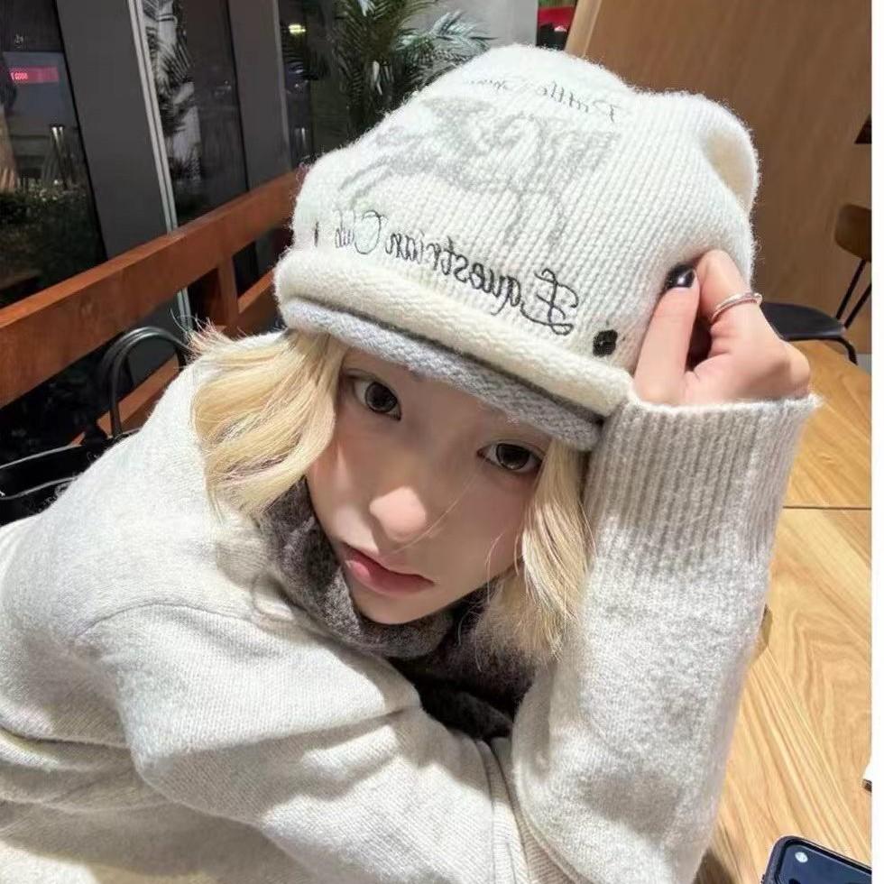 Autumn and winter new Pegasus double-layer crimping embroidered stacking hat women's warm and cold-proof small knitted hat