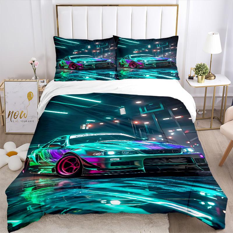 3pcs Neon Racing Bedding Set, Includes 1 Comforter + 2 Pillowcases, Without Pillow Inserts, Soft Comfortable, Lightweight Breathable, Printe