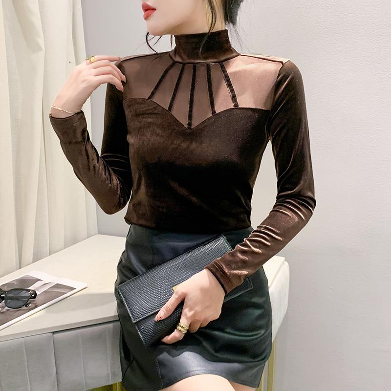 European Velvet Mesh Splicing Shirt - Women's Autumn/Winter Fashion Top