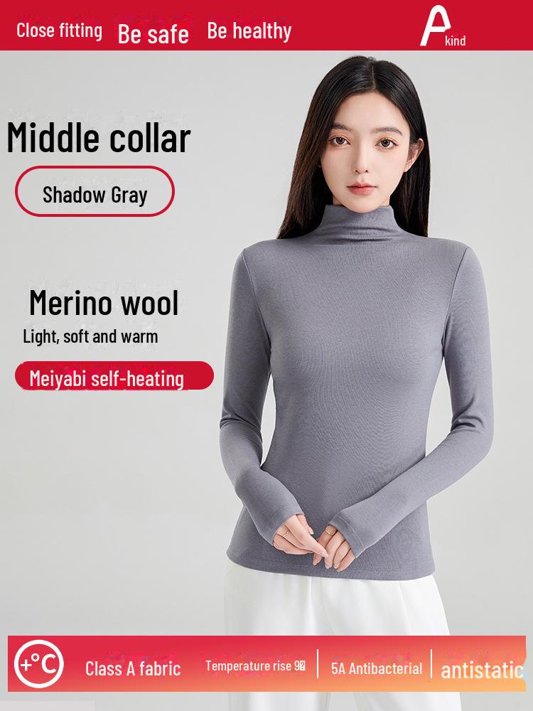 Wool Mid-Neck Slim Fit Women's Long-Sleeve Top, Versatile Autumn/Winter Layering, Warm & Cozy