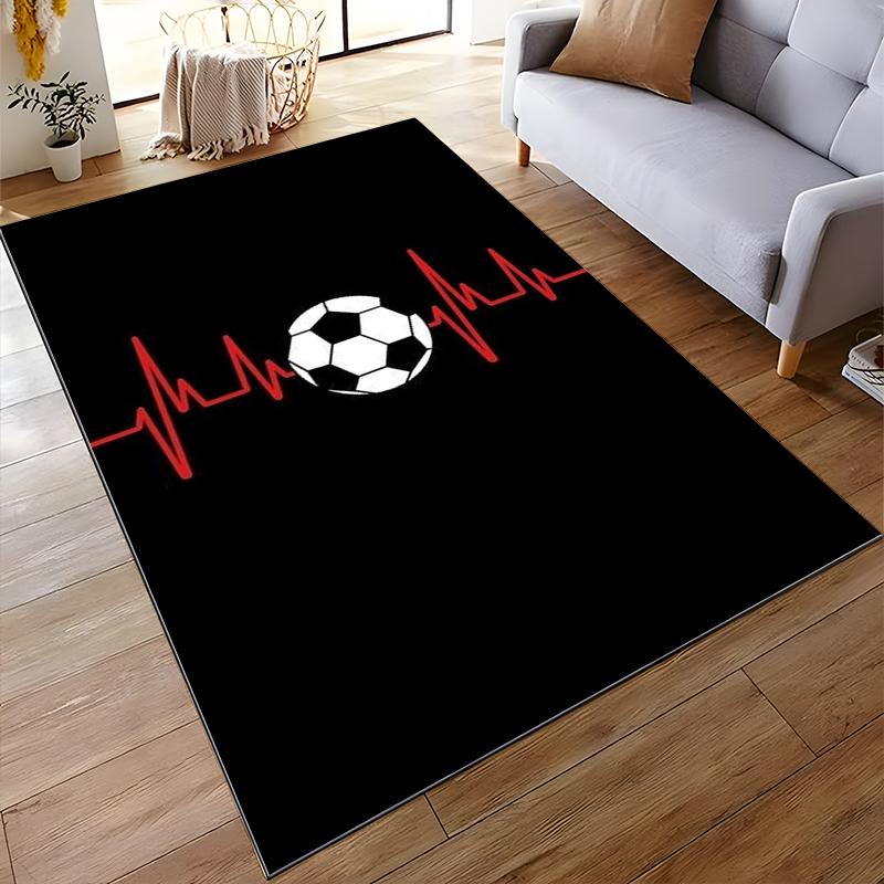 Soccer Ball with Red Heartbeat Line Pattern Black Carpet Rug Suitable for use as an anti-slip for living room bedroom sofas