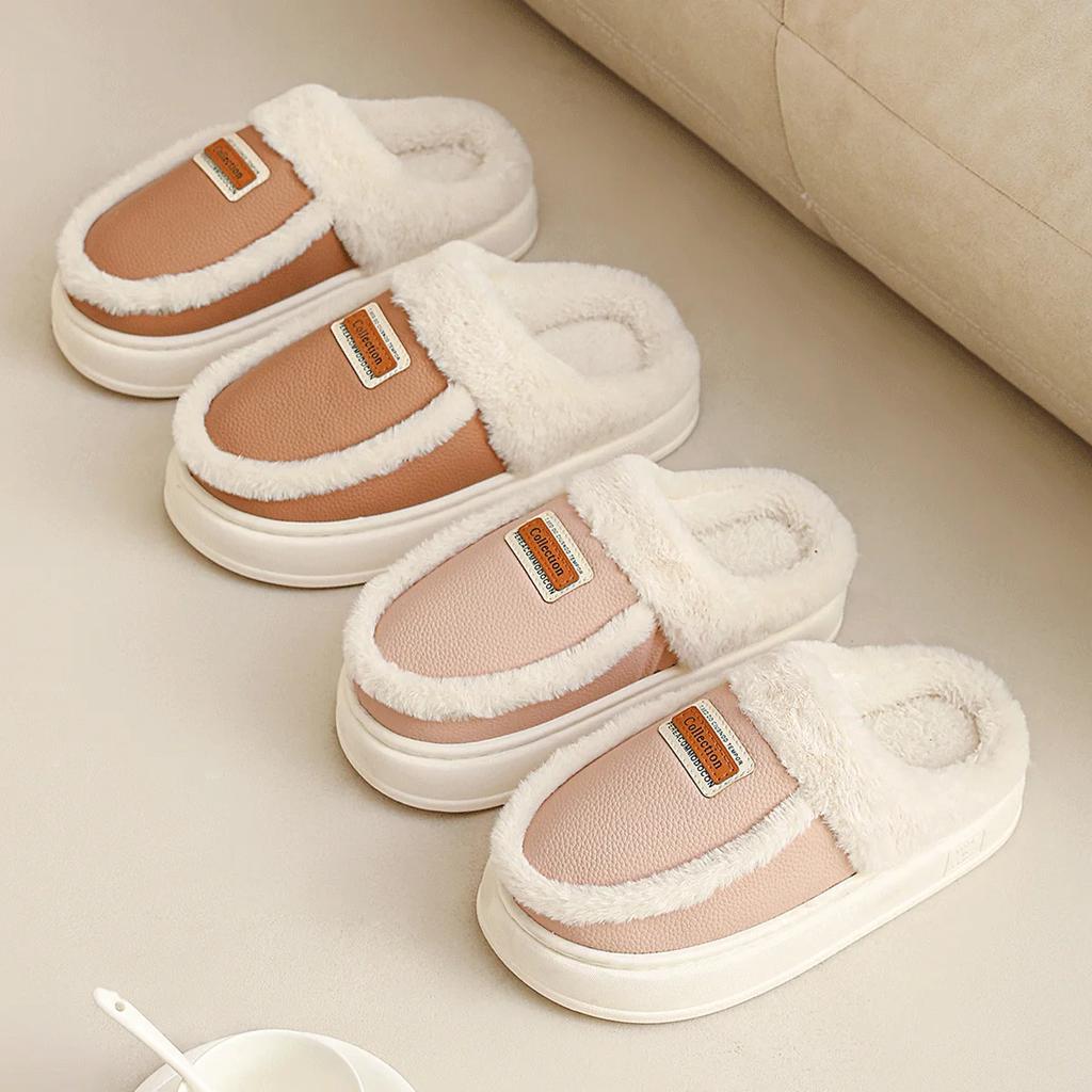 Женские тапочки из хлопка на толстой подошве, зима 2025 г., плюшевые теплые парные тапочки из искусственной кожи, удобные домашние тапочки из хлопка с нескользящим покрытием