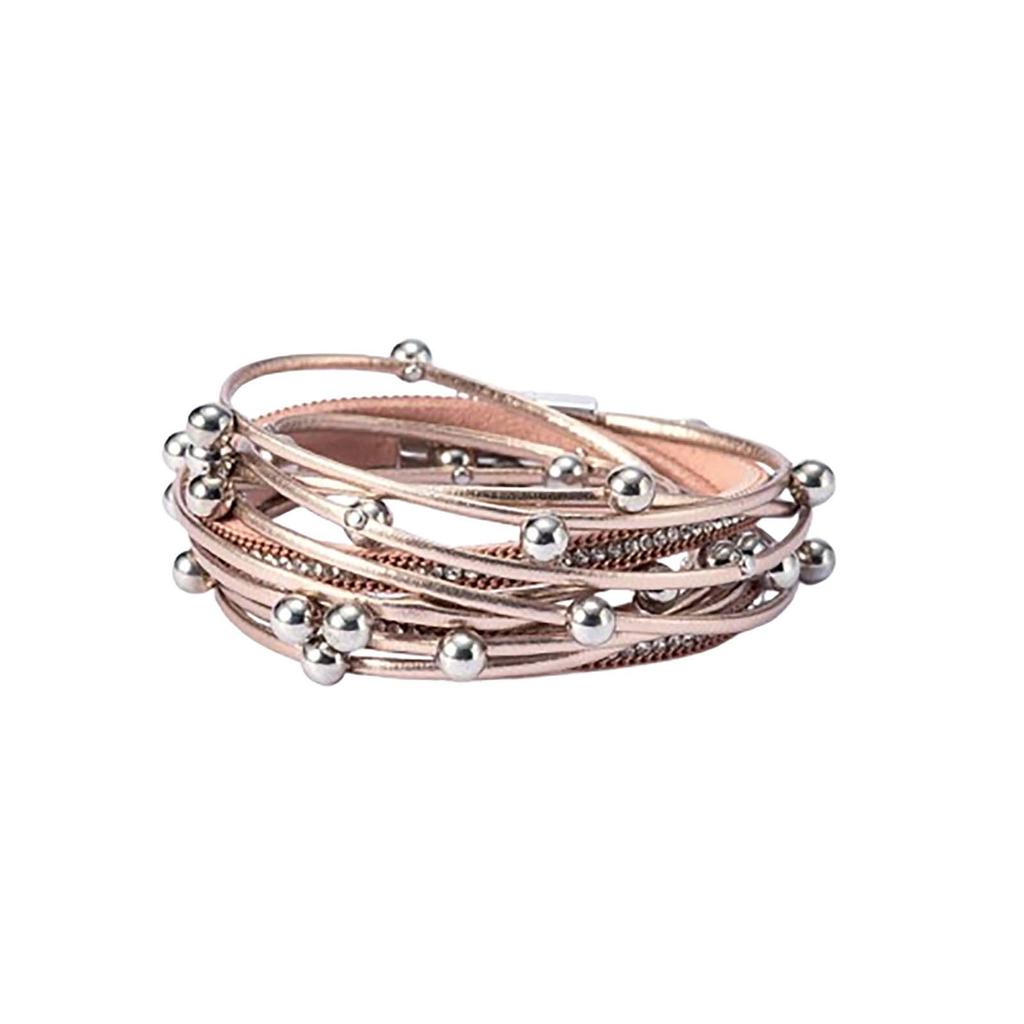 Двухкруговой кожаный браслет с бусинами, многослойный кожаный браслет, модный женский браслет с магнитной застежкой и бриллиантами, ювелирные изделия