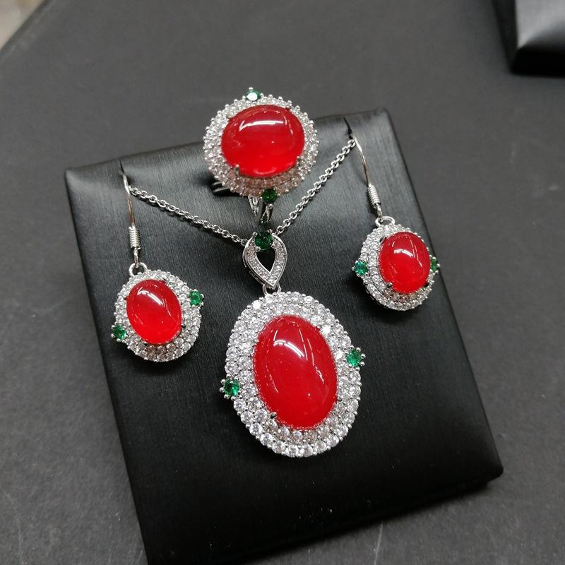 Роскошный комплект с инкрустацией халцедоном Dan Face, двусторонний зеленый бриллиант, комплект из трех частей из халцедона, кулон, кольцо, крючок для ушей
