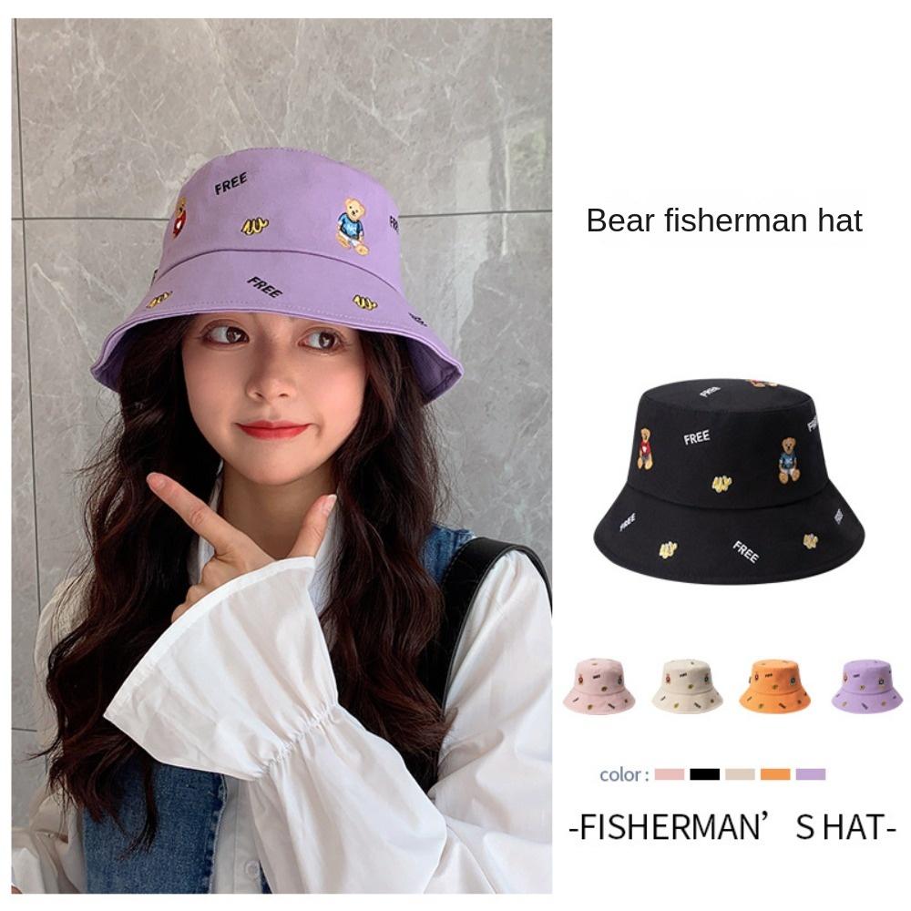Little Bear Fisherman Hat Bear Print Sunshade Bucket Hat Leisure Flat Top Cap Men