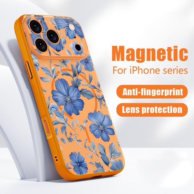 Магнитный Чехол Для Magsafe Для iPhone 17 Pro Max Светло-голубой Цветочный Узор Покрытие с Ощущением Кожи Для iPhone 16 15 14 13 Pro Max